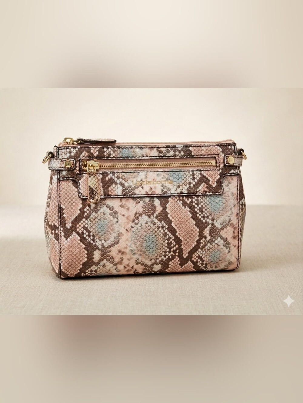 Liz Claiborne Snake-Print Crossbody in Blush, Blue & Brown - Picture 3 of 7